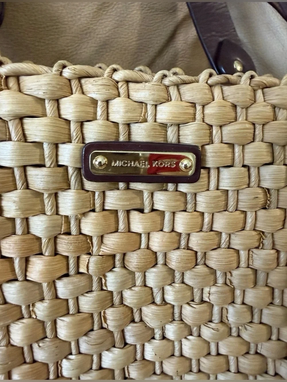 MICHAEL Kors Santorini Raffia Straw Tote Handbag Brown Leather Accents